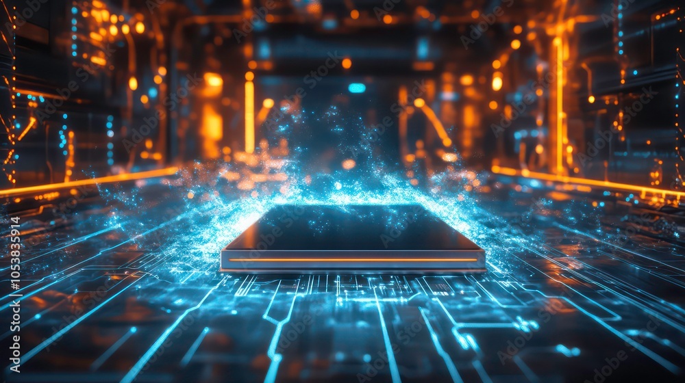 Aufkleber a futuristic circuit board with a glowing central chip, representing advanced technology.