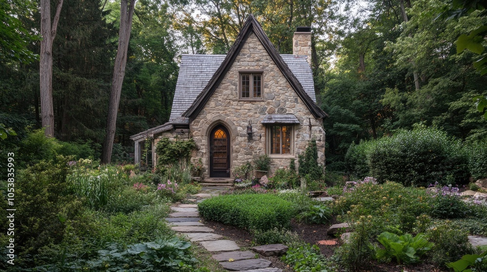 Poster whimsigothic style stone cottage nestled in a garden surrounded by trees vertical orientation