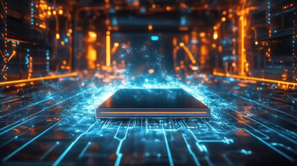 A futuristic circuit board with a glowing central chip, representing advanced technology.