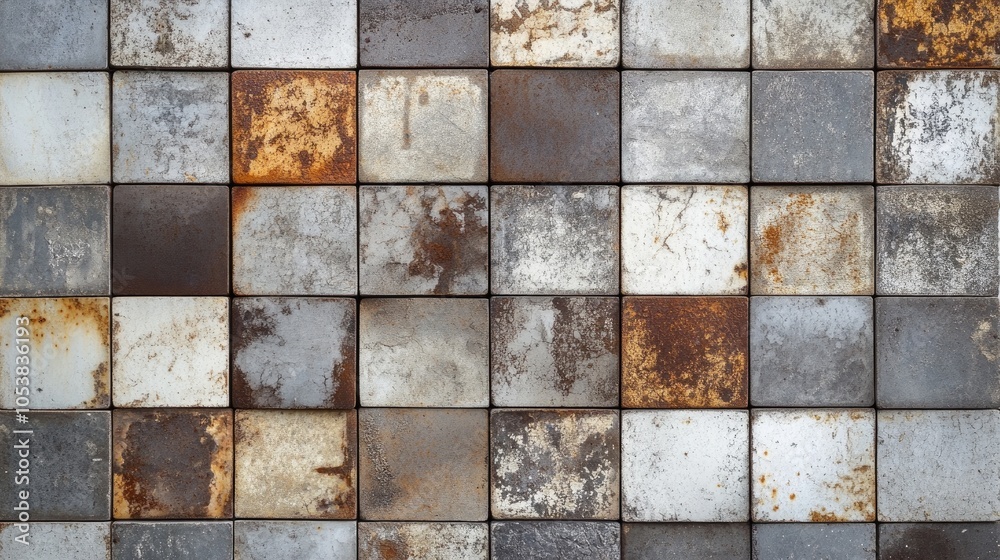 Poster vintage worn patchwork square mosaic tiles with an old brown and gray rusty texture on a concrete wa
