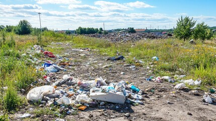 Landfill area featuring discarded waste with greenery visible in the background No trademarks or logos present on the debris