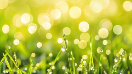 Obraz premium Green grass with dew drops in morning sunlight. Close-up macro shot