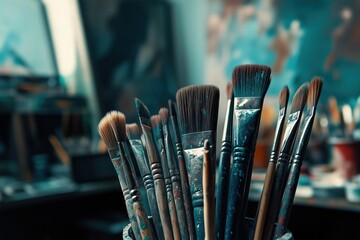 A bunch of paintbrushes are in a vase