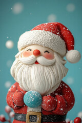 A santa statue is holding a blue ball and smiling. The snow is falling around him. Scene is cheerful and festive