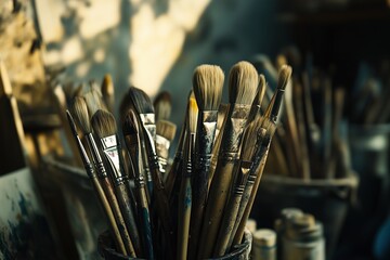 A bunch of paintbrushes are in a container