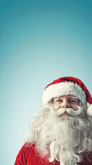A man with a red hat and beard is looking up at the camera. The image is a Christmas card featuring Santa Claus