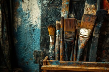 A wooden crate filled with paintbrushes of various sizes