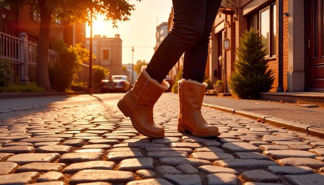 Woman walking in cozy brown uggs on cobblestone street during sunset