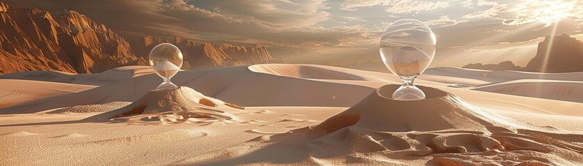 A surreal desert scene with giant hourglasses partially buried in the sand