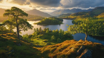Fototapeta premium Majestic Mountain Lake Landscape at Sunset with Two Trees