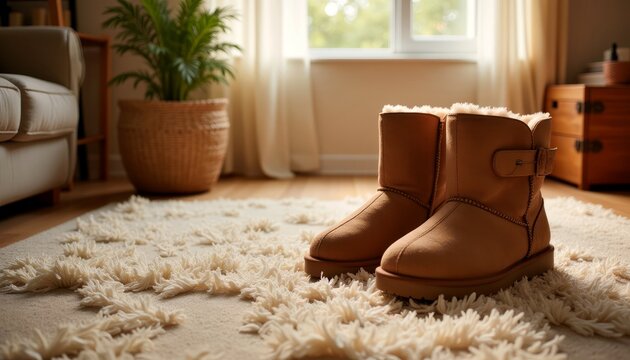 Cozy brown uggs placed on a fluffy rug in a warm living room setting