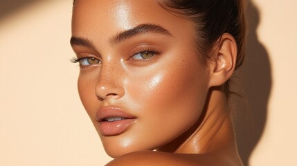 Radiant woman with glowing skin and captivating gaze in soft sunlight, AI