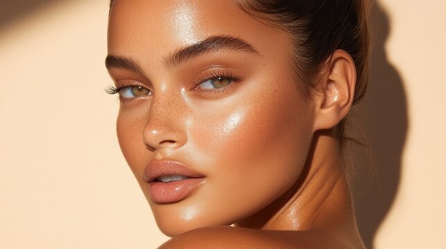 Radiant woman with glowing skin and captivating gaze in soft sunlight, AI