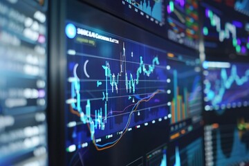 Fototapeta premium Close-up of AI-driven stock market analysis on a futuristic screen, emphasizing innovative financial tools and real-time data
