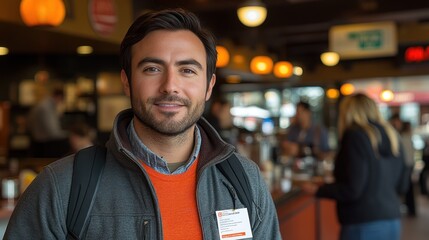 Fototapeta premium Portrait of a Man with a Name Tag in a Crowded Cafe