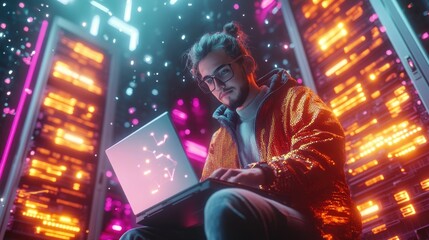 High-resolution photorealistic portrait of a data engineer confidently analyzing server performance on a laptop while surrounded by glowing servers. Styled like a high-end magazine, the professional