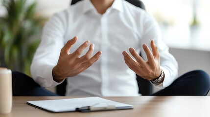 Obraz premium Man with hands raised, expressing emotions in a modern office setting.