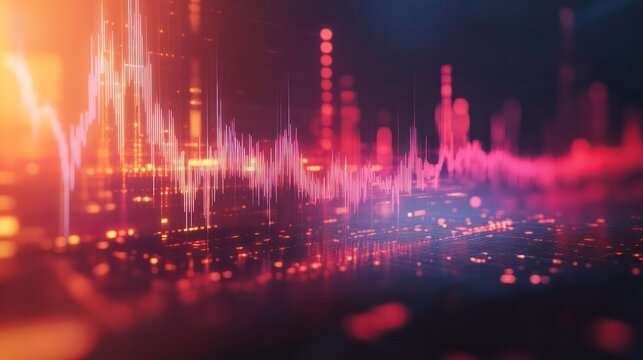 Abstract data visualization with a waveform pattern and a blurred city background.