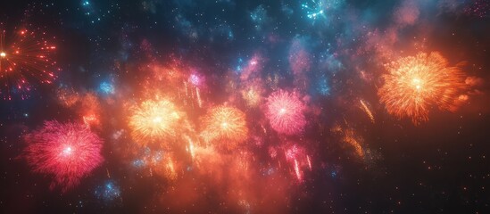 Fototapeta premium Fireworks display in the night sky with colorful bursts and trails.
