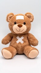 Obraz premium Cute teddy bear with a bandage in bed against a white background, perfect for health-related themes and children's content