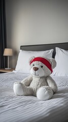Adorable teddy bear with a headband lying on a cozy bed, evoking a sense of care and comfort in a serene bedroom environment
