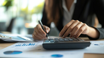 Fototapeta premium Business finance and accounting concept. Businesswoman using calculator to calculate financial report
