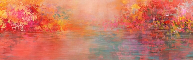 Obraz premium Abstract watercolor painting of a lake with a blurred background of foliage in shades of orange, red, and pink.