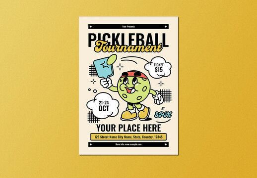 Cream Retro Cartoon Pickleball Tournament Flyer Layout