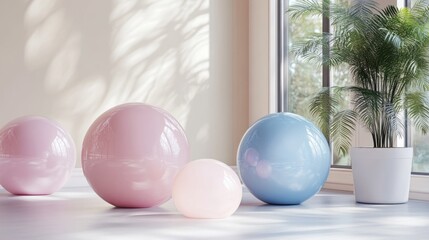 Obraz premium Four glossy spheres in pastel pink and blue colors on a white floor with a large window and plant in the background.
