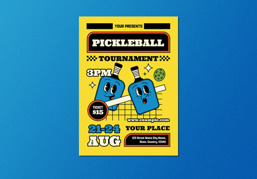 Yellow Retro Cartoon Pickleball Tournament Flyer Layout