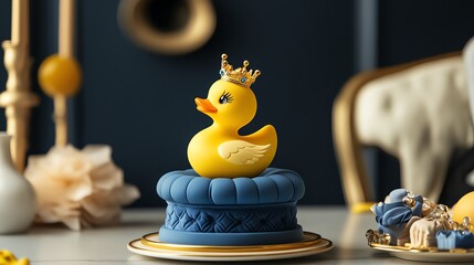Yellow rubber duck cake decoration with crown on blue dessert plate.