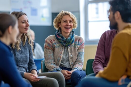 Adults of various ages in a language class, practicing conversation skills with partners, eager to learn a new language