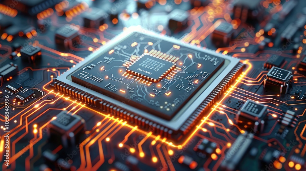 Poster Chip breakthrough mobile technology, futuristic design, intricate circuitry, glowing elements, sleek and modern, high-tech innovation, digital transformation, advanced microprocessors.