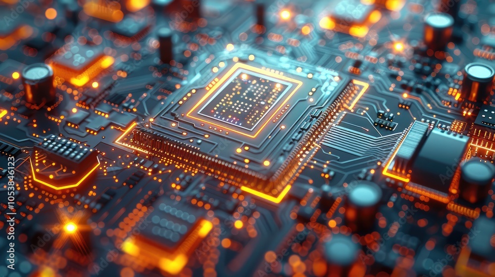 Poster chip breakthrough mobile technology, futuristic design, intricate circuitry, glowing elements, sleek