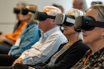 Seniors in a VR technology workshop, each experiencing a virtual environment with headsets, guided by an instructor
