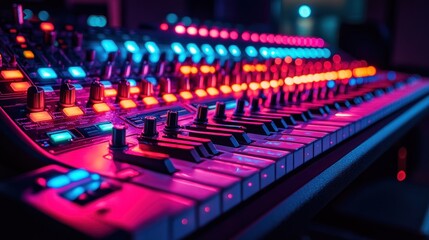 Obraz premium Colorful synthesizer with illuminated keys and controls.