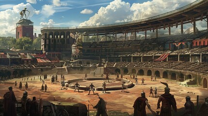 An ancient coliseum where gladiators fight mythical creatures