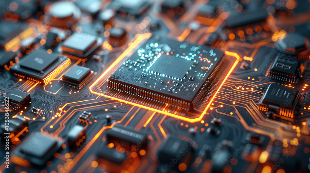 Poster chip breakthrough mobile technology, futuristic design, intricate circuitry, glowing elements, sleek