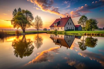 Fototapeta premium Reflection of an ancient farmhouse in a lake at sunset with red skies