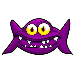 Cartoon purple monster with big eyes, sharp teeth and wide smile on white background.