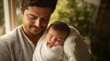Fototapeta premium Very realistic photo of a father gently holding his newborn baby swaddled in a soft white blanket The fatherâ€™s calm gaze and soft smile show his affection as he watches over the sleeping baby in a