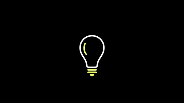 An animated light bulb is flashing on a black background. Alpha channel. Glow effects included.