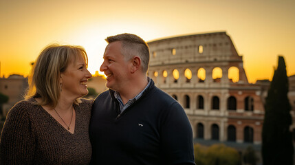 Tourist couple posing infront of Colosseum in Rome 