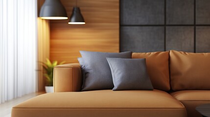 Modern living room with cozy orange sofa and stylish cushions, AI