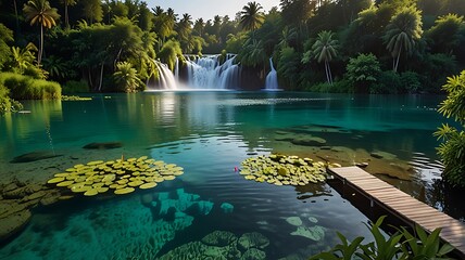 Serene lake with floating lily pads in Kerala, India, surrounded by tall palm trees and tranquil tropical scenery
