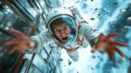 An intense space scene featuring an astronaut amidst a whirlwind of action and debris, vividly capturing the tension of cosmic adventures and exploration.