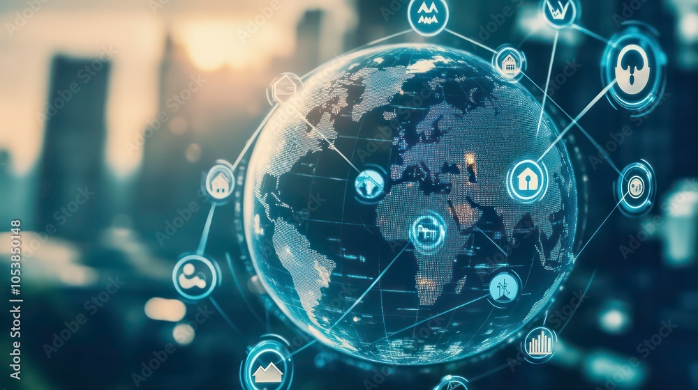 Aufkleber A digital globe interconnected with icons representing various global concepts and industries.