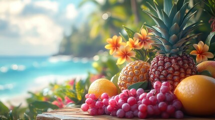 A vibrant 4K image of fresh tropical fruits on a beachside table, with bright sunlight and soft shadows.