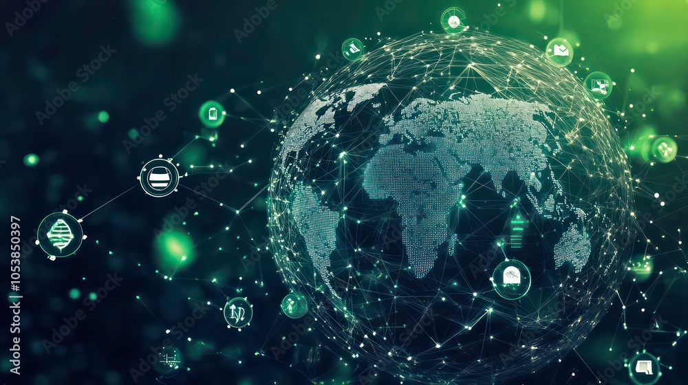 Fototapete a digital globe interconnected with icons representing technology and data.