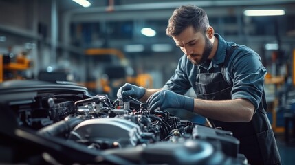 High-resolution photorealistic capture of an auto repair technician inspecting a vehicle's engine in a modern garage. The organized workspace and well-maintained equipment enhance the professional